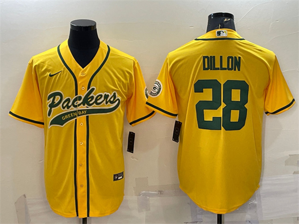 Men's Green Bay Packers #28 A.J. Dillon Gold With Patch Cool Base Stitched Baseball Jersey